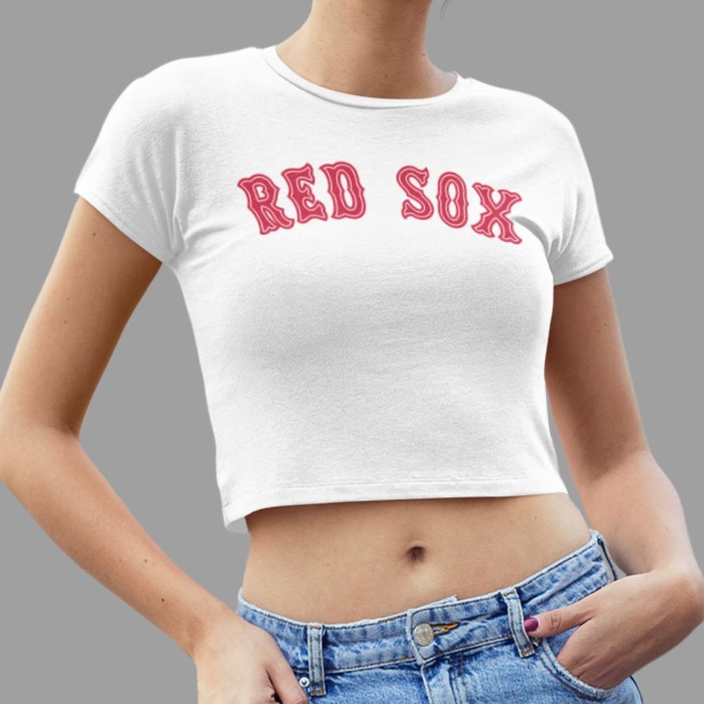 NEW Boston Red Sox Spellout Team Color Pop Form Fit Crop Top Shirt WHITE